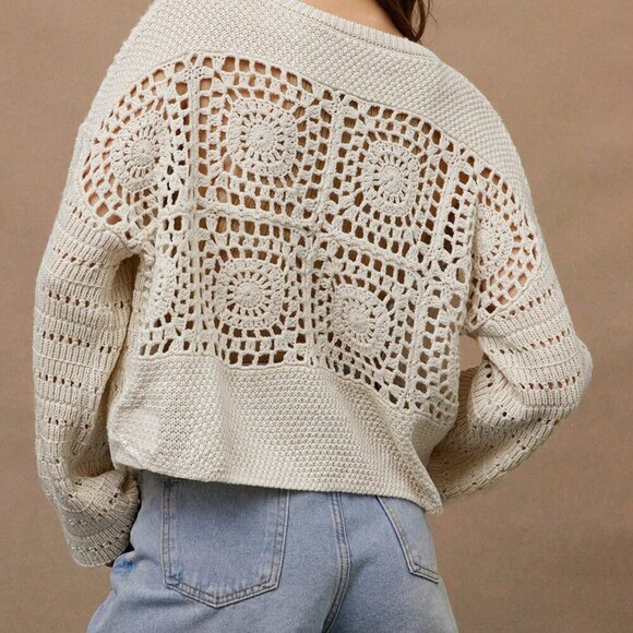 Apricot Casual Women's Crochet Open Knit Button Front Crewneck Cardigan Sweater - Picture 2 of 5